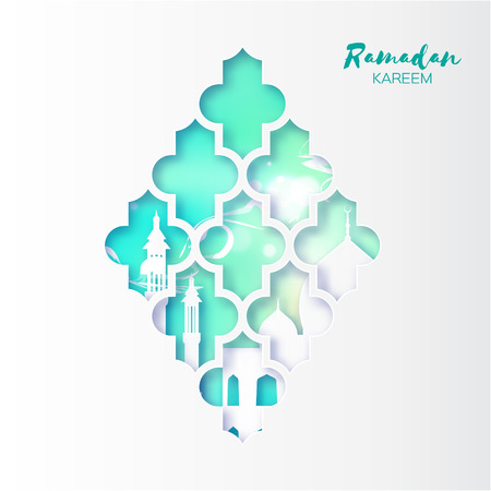 Blue Origami arabesque Mosque Window Ramadan Kareem Greeting card with arabic pattern. Holy month of muslim. Crescent Moon. Symbol of Islam. Applique Design Vector illustration.のイラスト素材