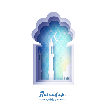 Blue Origami Mosque Window Ramadan Kareem Greeting card with arabic arabesque pattern. Holy month of muslim. Symbol of Islam. Crescent Moon Ramadan. Applique Vector illustration.のイラスト素材