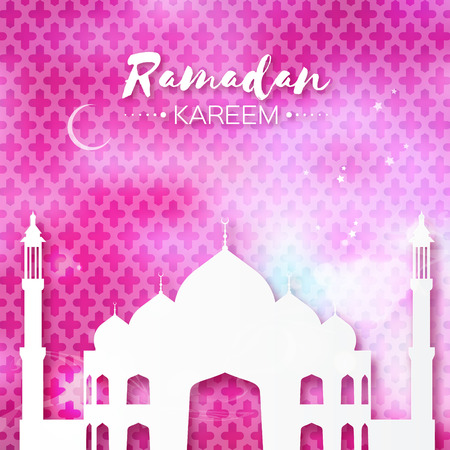 Pink Origami  Mosque Ramadan Kareem Greeting card with arabic arabesque pattern. Crescent Moon. Holy month of muslim. Symbol of Islam. Applique Design Vector illustration.のイラスト素材