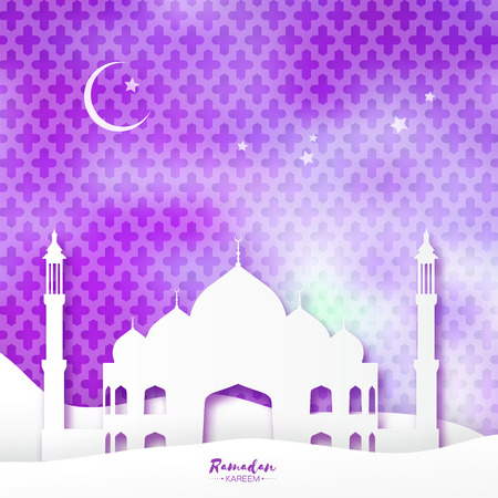 Purple Mosque Ramadan Kareem Greeting card with arabic arabesque pattern. Origami Desert landscape. Crescent Moon. Holy month of muslim. Symbol of Islam. Applique Design Vector illustration.のイラスト素材