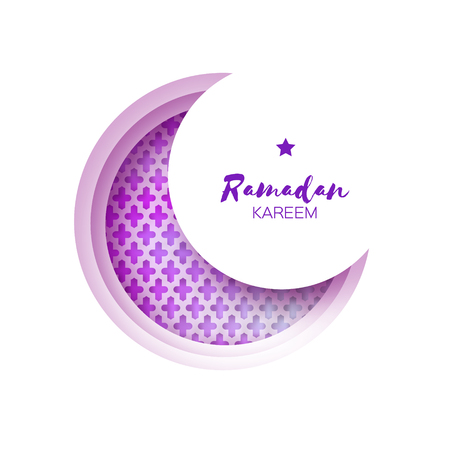 Purple Origami Crescent Moon Mosque Window Ramadan Kareem Greeting card with arabic arabesque pattern. Holy month of muslim. Symbol of Islam. Applique Vector illustration.のイラスト素材