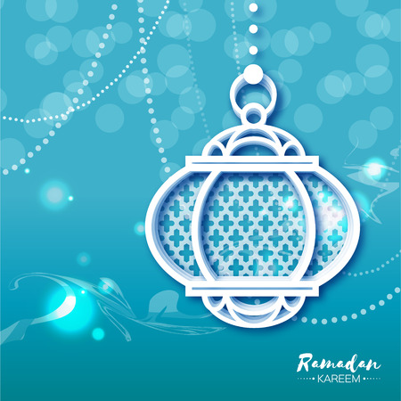 Blue White Ramadan Kareem celebration greeting card with origami hanging arabic lamp. Paper Lantern. Holy month of muslim. Applique vector illustration.のイラスト素材