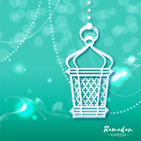 Blue Ramadan Kareem celebration greeting card with origami hanging arabic lamp. Paper Lantern. Holy month of muslim. Applique vector illustration.のイラスト素材