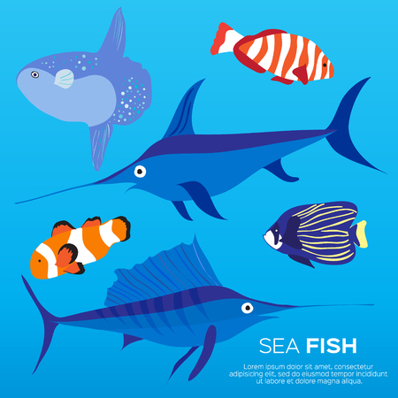 Under water Llfe. Exotic nature Fish set. Marine Vector Illustrationのイラスト素材