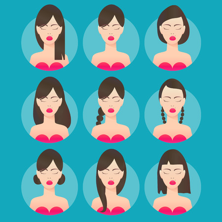 Women hairstyles. Avatar. Young brunette woman with various hair style. Different Beautiful portrait women. Set of round icons with women. Vector design illustrations.のイラスト素材