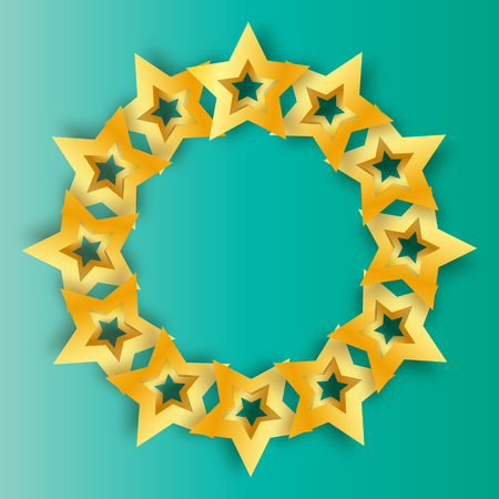 Realistic Origami 3D gold stars on a blue background. Award winner.Golden foil stars. Good job. Best reward. Choice. VIP. Premium class. Vector illustration design templateのイラスト素材