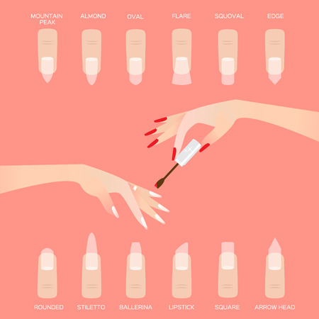 Different nail shapes. Woman fingers. Fingernails fashion trends on pink background. Vector design illustrationのイラスト素材