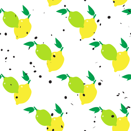 Lemons and limes seamless pattern with hexagon dot on white background. Colorful vector illustrationのイラスト素材