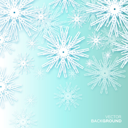 Origami Merry Christmas and Happy New Year card with snowflakes on blue background. Paper cut abstract vector illustrationのイラスト素材