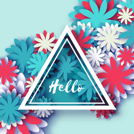 White Blue Origami Floral Greeting card. Holiday background with paper cut triangle Frame Flowers. Happy Mother's and GrandMother's Day. Trendy Design Template. Vector illustration.のイラスト素材