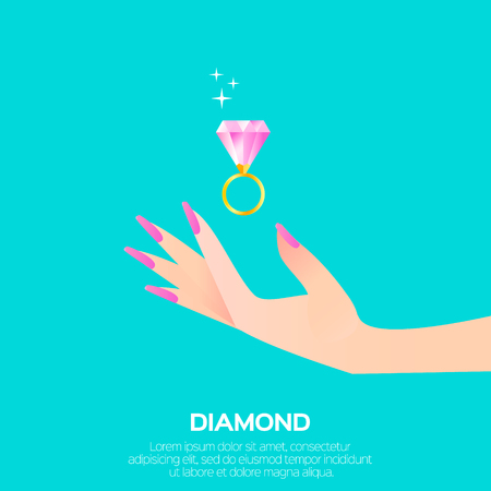Big shining pink diamond in woman's hand. Wedding ring concept. Marriage proposal. Design vector illustration on blue background.のイラスト素材