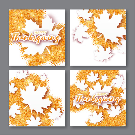 4 Autumn Greetings card with Happy Thanksgiving Day title. Origami white maple leaves on gold glitter square background. Abstract Paper cut Trendy Design Template for banner, flyer, poster, invitationのイラスト素材
