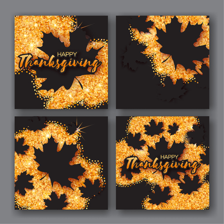 4 Autumn Greetings card with Happy Thanksgiving Day title. Origami black maple leaves on gold glitter square background. Abstract Paper cut Trendy Design Template for banner, flyer, poster, invitationのイラスト素材