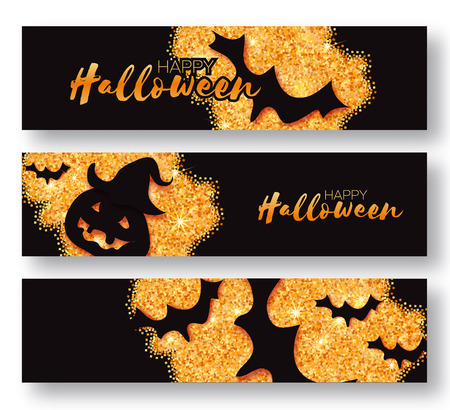 Halloween pumpkin and bat on gold glitter backgroundのイラスト素材