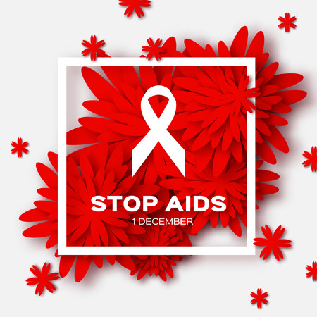 Aids Awareness. Ribbon. World Stop Aids Day on grey background with frame and red origami flower. Vector design illustration.のイラスト素材