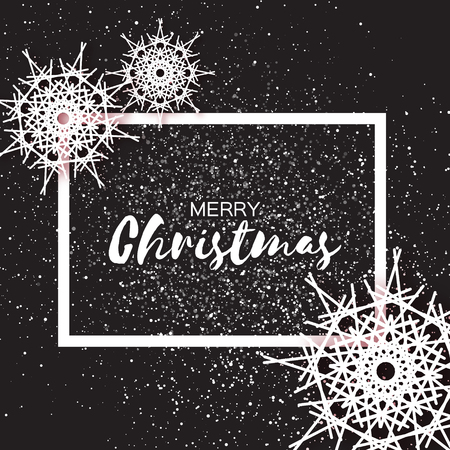 Merry Christmas Greeting card with Origami Snowflake on black background. Xmas and Happy New Year winter holiday design with falling snow. Vector illustration.のイラスト素材