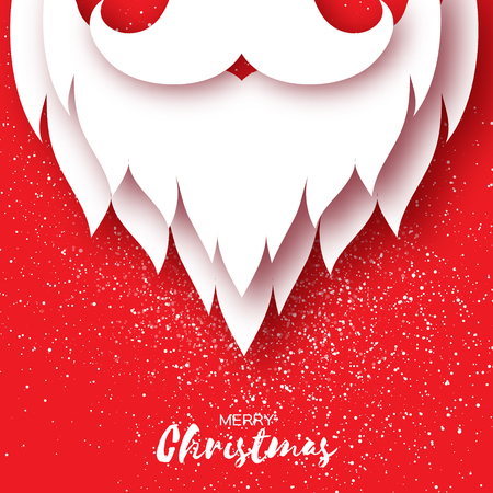 Merry Christmas card with paper cutout Santa Claus beard and mustache on red background. Vector illustration for greeting card.のイラスト素材
