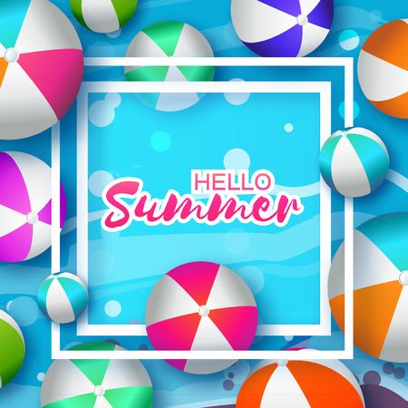 Realistic Colorful Beach Balls. Rubber or Plastic Material. Background with Hello Summer Title and Square Frame in center. Vector Illustrationのイラスト素材