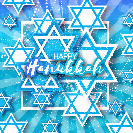 Happy Hanukkah with origami Magen David stars. Papercraft jewish holiday simbol on blue background with frame for text. Vector design illustrationのイラスト素材