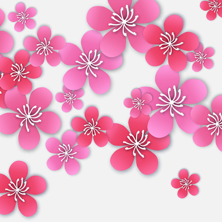 Spring Cherry blossom. Pink beautiful sakura with papercraft flowers. Floral modern wallpaper on grey background. Vector illustrationのイラスト素材