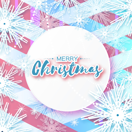 Merry Christmas And Happy New Year greeting card on pink blue background. Origami snowflake design with paper cut circle place for text . Vector template illustration.のイラスト素材