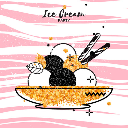Sweet Ice Cream with different flavor. Gold Glitter Dessert party time. Six of tasty frozen dessert in a golden bowl with wafer straw on pink stripes background. Vector illustration.のイラスト素材