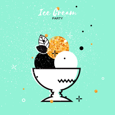 Sweet Ice Cream with different flavor. Gold Glitter Dessert party time. Trio of tasty frozen dessert in a white bowl on blue background. Vector illustration.のイラスト素材