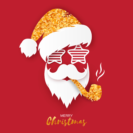 Merry Christmas greeting card with papercraft golden glitter Santa Claus with pipe and sunglasses on red background. Hipster style. Vector illustrationのイラスト素材