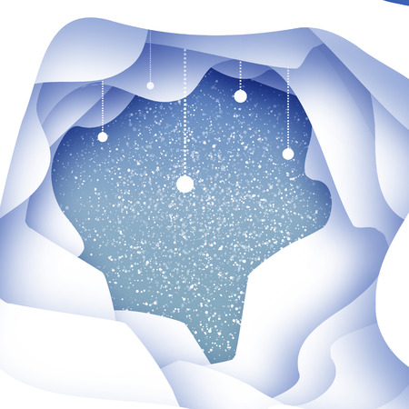 Merry Christmas Snow Winter landscape. Greeting card on blue background with layered cave frame. Happy New Year holiday. Vector paper art illustrationのイラスト素材