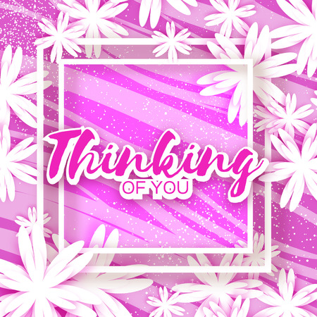 Cute Origami Floral Greeting Card with square frame for text. Beautiful spring bouquet with White Flower paper cut style on pink line background. Summer seasonal vector illustration.のイラスト素材