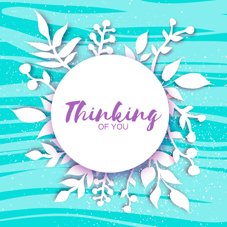 Origami flower, twig with leaves, grass. 3D Paper cut Floral Greeting card for women. Blue Holiday background with space for text and circle frame. Trendy Design Template. Vector illustration.のイラスト素材