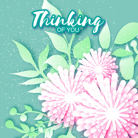 Origami pink Flowers with twig, leaves and grass. Abstract 3D Paper cut Floral Greeting card for women. Green Holiday background. Trendy Design Template. Vector illustration.のイラスト素材
