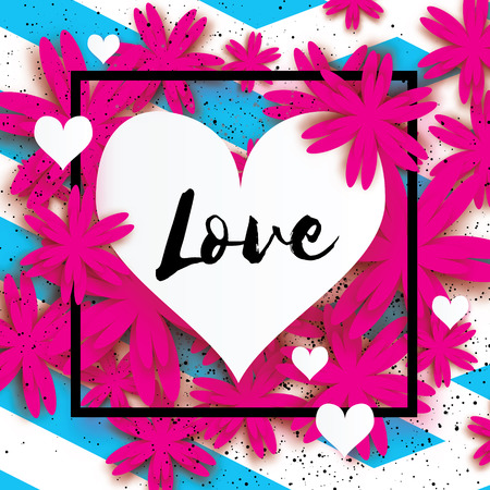 Happy Valentines Day Greeting card. Paper cut flower. Heart frameのイラスト素材