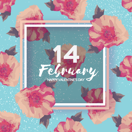 Peony Flowers. Square frame. 14 february. Happy valentines dayのイラスト素材
