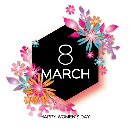 8 March. Happy Mother's Day. Paper cut Wreath Floral Greeting card. Origami flower holiday. Hexagon Frame, space for text. Happy Women's Day. Vector illustrationのイラスト素材