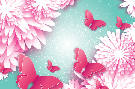 Paper cut Butterfly with Origami flowerのイラスト素材