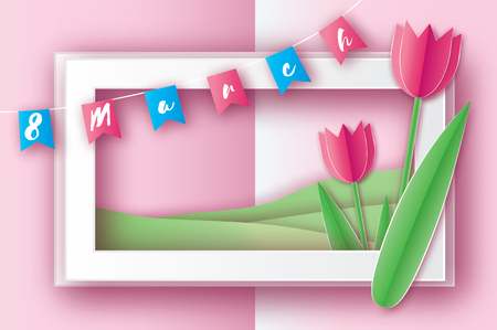 Pink Tulips. Paper cut flower. 8 March. Womens Day. Rectangle frameのイラスト素材