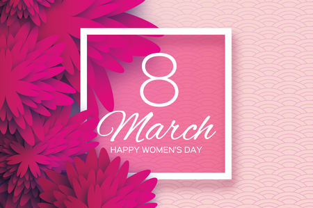 Magenta Pink Paper Cut flower. 8 March. Women's Day Greeting card. Origami Floral bouquet. Square frame. Space for text. Happy Mother's Day. Circle background. Vector Spring illustrationのイラスト素材