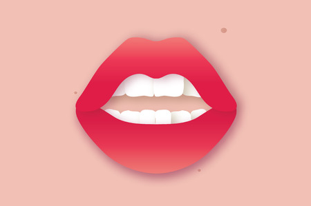 Woman lips. Girl mouths close up. Red lipstick. White teethのイラスト素材