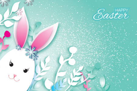 Cute Origami Funny Bunny, Flowers. Happy Easter Greeting card. Space for text.のイラスト素材