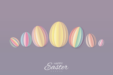 Happy Easter Greating card. 7 Pastel Paper cut Easter Egg. Purple background.のイラスト素材