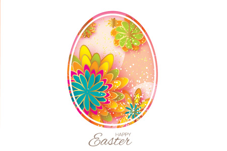Origami Happy. Paper cut Easter Egg, colorful flower. Oval frame.のイラスト素材