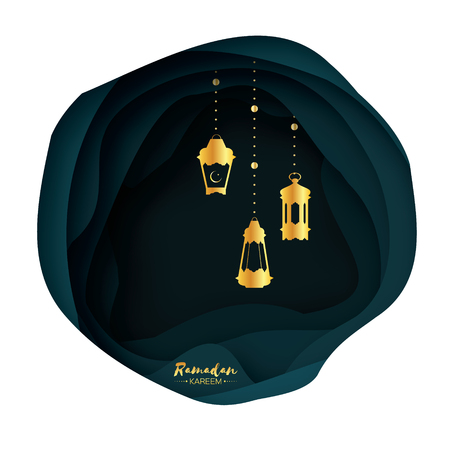 Ramadan Kareem celebration greeting card. Gold origami arabic lamp. Crescent Moon.のイラスト素材