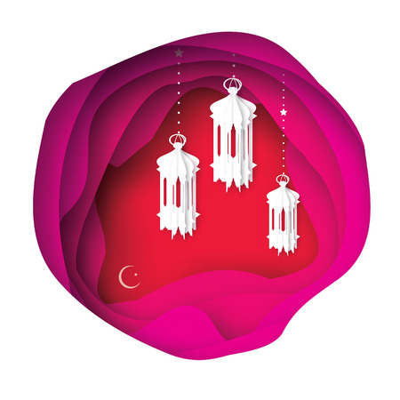 Pink Ramadan Kareem Greeting card. Paper cut hanging traditional arabic lamps.のイラスト素材