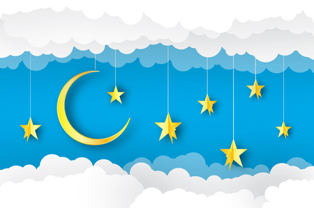 Sky paper art. Origami crescent moon, cloud and stars.のイラスト素材