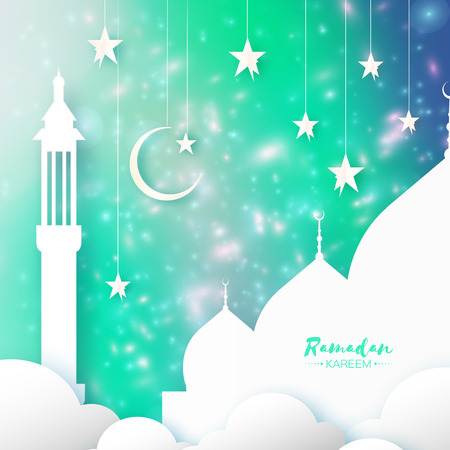 Green Ramadan Kareem Greeting card.. Arabic window Mosque, clouds, white stars. Paper cut style. Arabesque pattern. Origami Crescent Moon. Vectorのイラスト素材