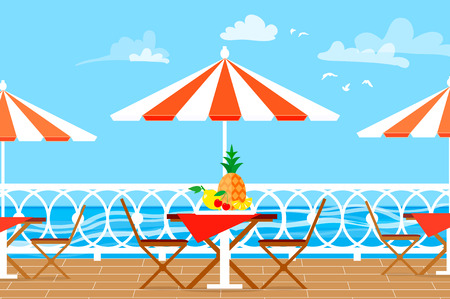 Restaurant Patio. Picnic. Chairs, table and umbrella on terrace balcony. Sea landscape.のイラスト素材