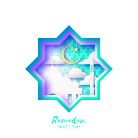 Origami Mosque Star Window Ramadan Kareem Greeting card with arabic arabesque pattern.のイラスト素材