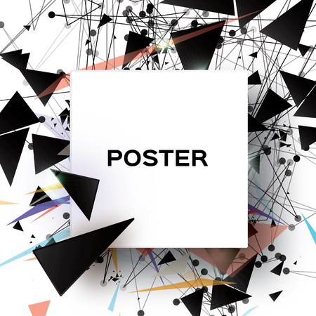 Black Geometric Polygonal Explosion with polygonal triangles, rounds, lines. Square paper cut art frame for text. Future Technology Template for flyers and posters, presentations. Vectorのイラスト素材
