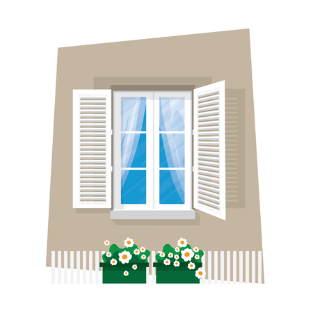 Elements of architecture - window. Flat style. For interior and exterior use. Curtain.Flower. Vectorのイラスト素材